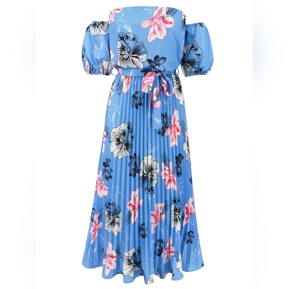 Pleated Floral Off-Shoulder Short Sleeve Midi Dress - Picture 6 of 8